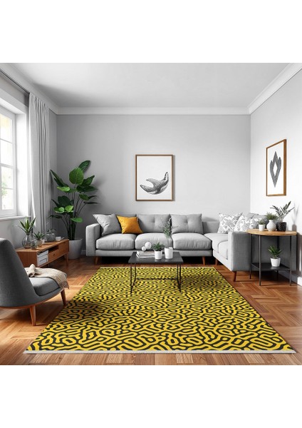 Geometrik Sarı Pamuk Kare Modern Desenli Pamuk Makinada Yıkanabilir Hav Toz Vermez Leke Tutmayan Kaymaz Taban Dijital Makine Baskı Salon Yolluk Mutfak Halı fırsatları