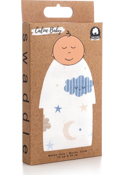 %100 Pamuk Premium & Hafif Müslin Bezi Örtüsü I 90x75 cm I Mavi I Bulut Desenli & 2 Adet Ağız Mendili 27x27cm