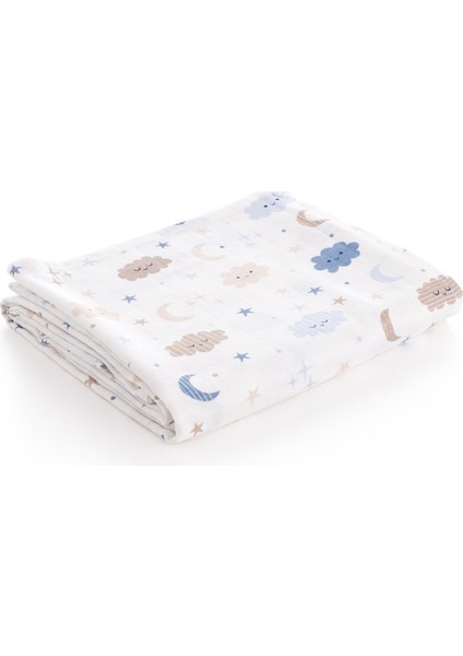 %100 Pamuk Premium & Hafif Müslin Bezi Örtüsü I 90x75 cm I Mavi I Bulut Desenli & 2 Adet Ağız Mendili 27x27cm fiyatları