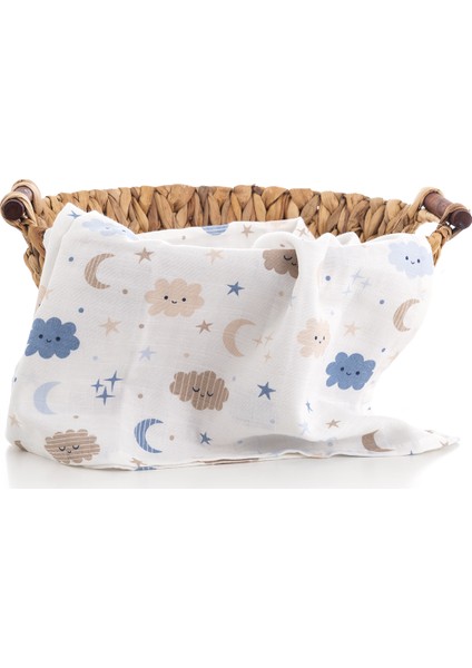 %100 Pamuk Premium & Hafif Müslin Bezi Örtüsü I 90x75 cm I Mavi I Bulut Desenli & 2 Adet Ağız Mendili 27x27cm modelleri