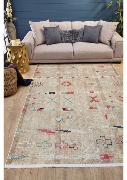 Thane Bej Modern Etnik Desenli Makinada Yıkanabilir Hav Toz Vermez Leke Tutmayan Kaymaz Taban Dijital Makine Baskı Salon Yolluk Mutfak Halı modelleri