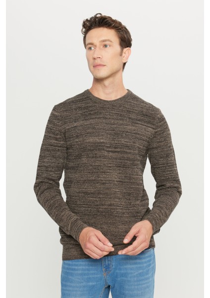 Erkek Kahverengi-bej Standart Fit Normal Kesim Bisiklet Yaka Desenli Triko Kazak modelleri