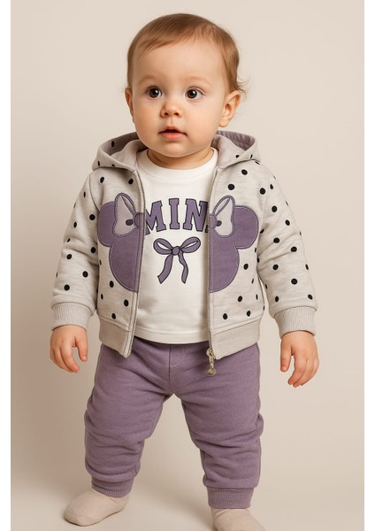 Kız Bebek Mini Desen Kapüşonlu Hırkalı 3'lü Takım