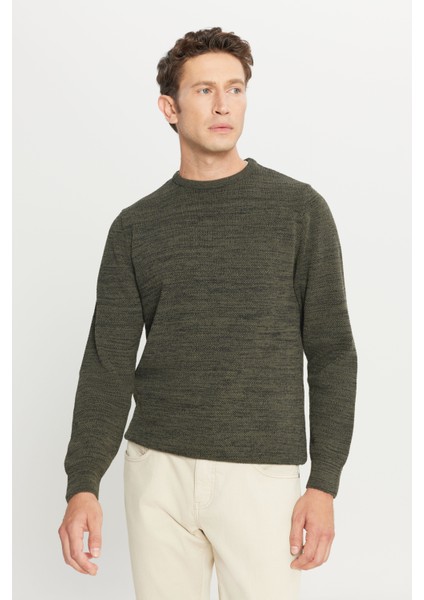 Erkek Hakı-sıyah Standart Fit Normal Kesim Bisiklet Yaka Desenli Triko Kazak