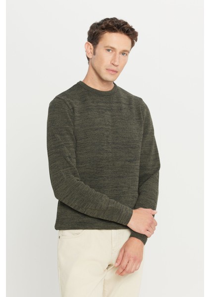 Erkek Hakı-sıyah Standart Fit Normal Kesim Bisiklet Yaka Desenli Triko Kazak modelleri