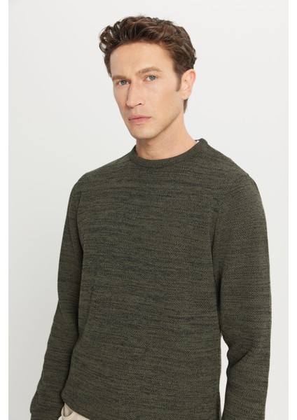 Erkek Hakı-sıyah Standart Fit Normal Kesim Bisiklet Yaka Desenli Triko Kazak fırsatları