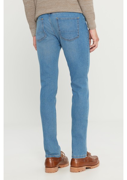 Erkek Açık Mavi Ekstra Slim Fit Dar Kesim Rıss Pamuklu Esnek Denim Jean Kot Pantolon