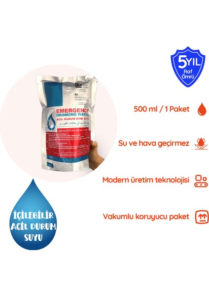 5 Yıl Raf Ömrü ile Acil Durum, afet ve Deprem Suyu, Hayat Kurtaran Acil Durum Su Paketi (1 Koli) (5 Paket x 500 Ml. )