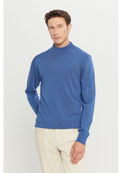 ALTINYILDIZ CLASSICS Erkek Indigo Tüylenme Yapmayan Standart Fit Normal Kesim Yarım Balıkçı Yaka Triko Kazak