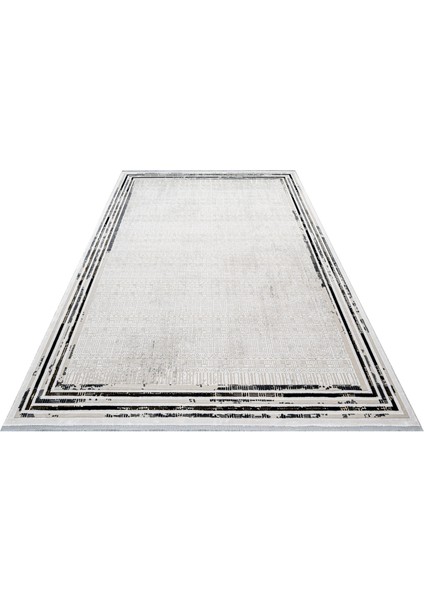 Absent-Mindedness Çerçeveli Gri Pamuk Dikdörtgen Modern Desenli Akrilik Hav Vermeyen Leke Tutmayan Kolay Temizlenen Yumuşak Makine Salon Yolluk Mutfak Halı