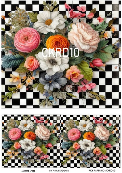 Çiçek ve Kareli Seri CKRD10 Siyah, Beyaz, Kareli ve Çiçek Desenli 30*42 cm Pirinç Dekopaj