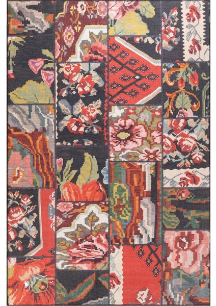 Bristol Patchwork Kırmızı Polyester Dikdörtgen Modern Desenli Pamuk Makinada Yıkanabilir Hav Toz Vermez Leke Tutmayan Kaymaz Taban Dijital Makine Baskı Salon Yolluk Mutfak Halı