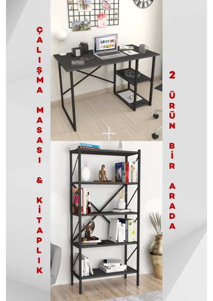 2 Raflı Çalışma Masası Bilgisayar Masası Ofis Ders Masası + 5 Raflı Kitaplık Metal Kitaplık Antrasit