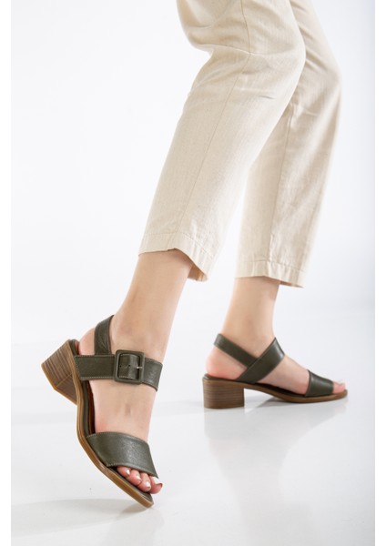 Kadın Deri Kalın Bantlı Tokalı Sandalet -Yeşil fiyatları