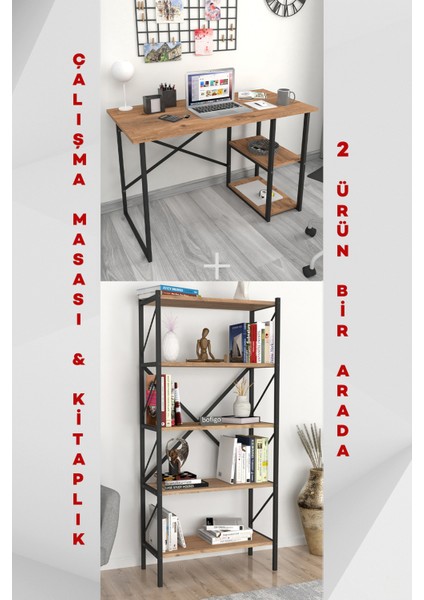 2 Raflı Çalışma Masası Bilgisayar Masası Ofis Ders Masası + 5 Raflı Kitaplık Metal Kitaplık Çam