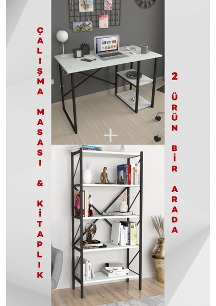 2 Raflı Çalışma Masası Bilgisayar Masası Ofis Ders Masası + 5 Raflı Kitaplık Metal Kitaplık Beyaz