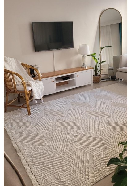 Xinyi Ekru Modern Etnik Desenli Hav Vermeyen Leke Tutmayan Kolay Temizlenen Yumuşak Makine Salon Yolluk Mutfak Halı