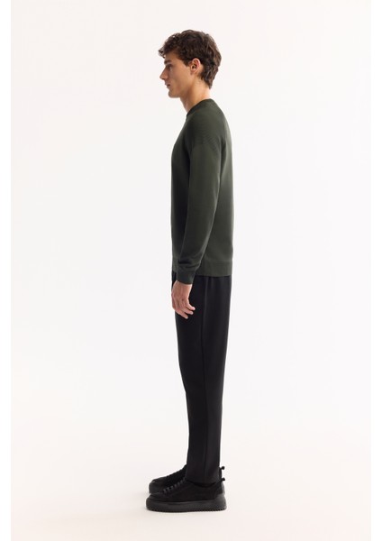 Erkek Haki Bisiklet Yaka Dokulu Triko Regular Fit Kazak A52Y5083