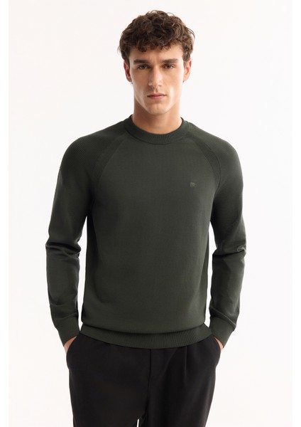 Erkek Haki Bisiklet Yaka Dokulu Triko Regular Fit Kazak A52Y5083 modelleri