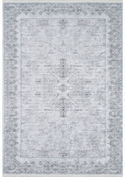 Tijuana Gri Göbekli Etnik Modern Desenli Makinada Yıkanabilir Hav Toz Vermez Leke Tutmayan Kaymaz Taban Dijital Makine Baskı Salon Yolluk Mutfak Halı