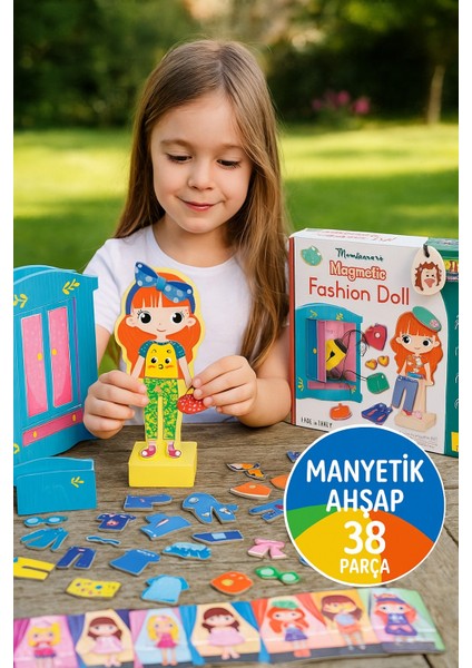 Montessori Manyetik Kız Giydirme Ahşap Moda Bebek Seti – 26 Parça Kıyafet ve 3D Gardırop