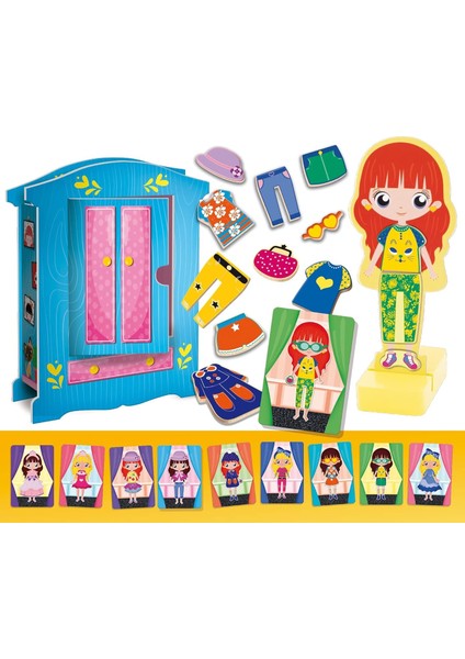 Montessori Manyetik Kız Giydirme Ahşap Moda Bebek Seti – 26 Parça Kıyafet ve 3D Gardırop indirimleri
