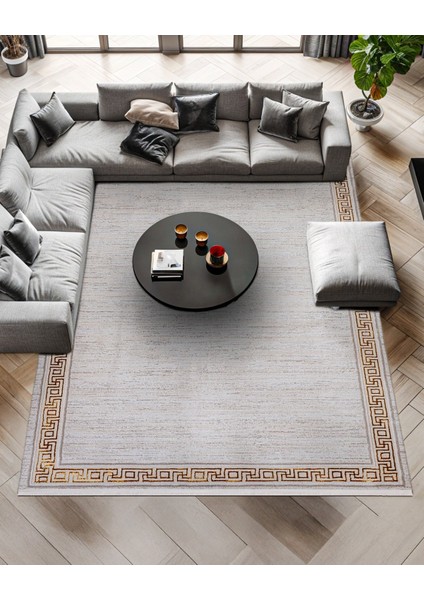 Gold Çerçeveli Etnik Modern Desenli Pamuk Makinada Yıkanabilir Hav Toz Vermez Leke Tutmayan Kaymaz Taban Dijital Makine Baskı Salon Yolluk Mutfak Halı fiyatları