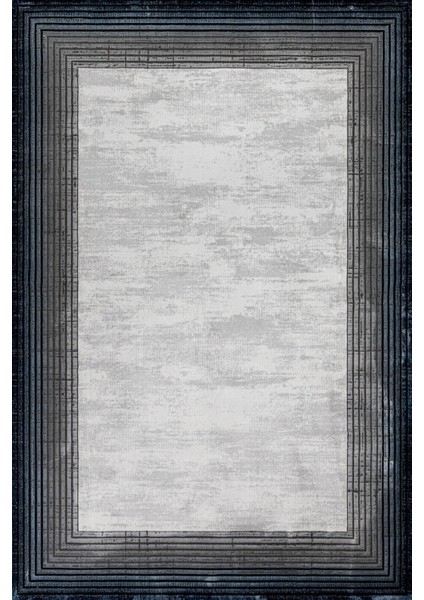 Lacivert Çerçeveli Etnik Modern Desenli Pamuk Makinada Yıkanabilir Hav Toz Vermez Leke Tutmayan Kaymaz Taban Dijital Makine Baskı Salon Yolluk Mutfak Halı