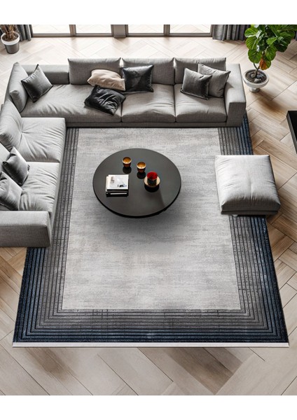 Lacivert Çerçeveli Etnik Modern Desenli Pamuk Makinada Yıkanabilir Hav Toz Vermez Leke Tutmayan Kaymaz Taban Dijital Makine Baskı Salon Yolluk Mutfak Halı fiyatları