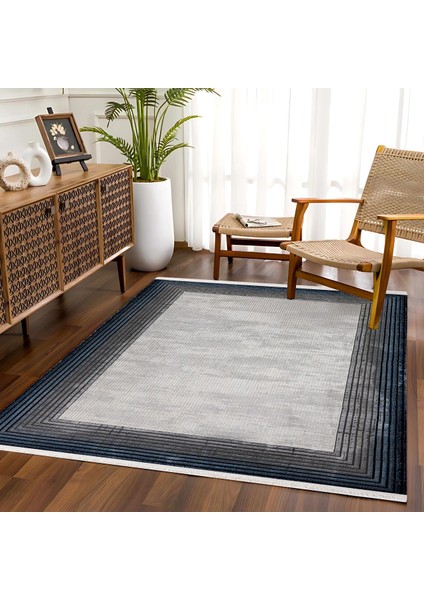 Lacivert Çerçeveli Etnik Modern Desenli Pamuk Makinada Yıkanabilir Hav Toz Vermez Leke Tutmayan Kaymaz Taban Dijital Makine Baskı Salon Yolluk Mutfak Halı fırsatları