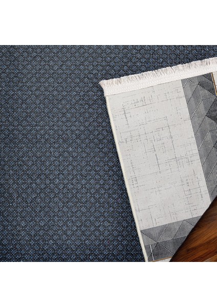 Lacivert Çerçeveli Etnik Modern Desenli Pamuk Makinada Yıkanabilir Hav Toz Vermez Leke Tutmayan Kaymaz Taban Dijital Makine Baskı Salon Yolluk Mutfak Halı indirimleri