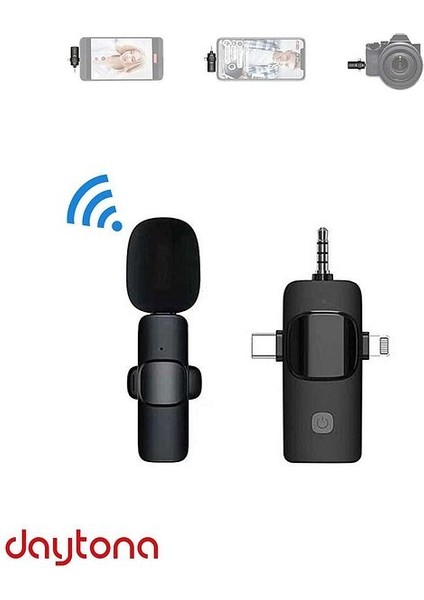 K9-C1 Wireless 3ın1 Kablosuz Type-C - Lightning 3,5mm Jak - Tekli Kablosuz Yaka Mikrofonu