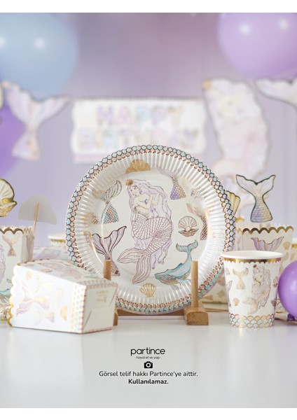 8 Kişilik Makaron Gold Yaldızlı Deniz Kızı Kullan At Karton Popcorn Mısır Kutusu- Mermaid Tabak-Bardak-Çatal Kaşık Bıçak Parti Seti modelleri