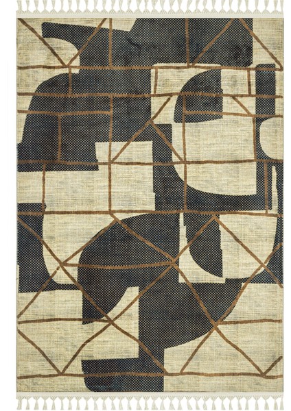 Prabhu Bej Geometrik Etnik Modern Desenli Bambu Makinada Yıkanabilir Hav Toz Vermez Leke Tutmayan Kaymaz Taban Dijital Makine Baskı Salon Yolluk Mutfak Halı