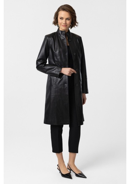 Siyah Laura Uzun Kadın Düğmeli Dar Fit kesim Astarlı Uzun Hakiki Deri Kaban