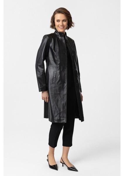 Siyah Laura Uzun Kadın Düğmeli Dar Fit kesim Astarlı Uzun Hakiki Deri Kaban fiyatları