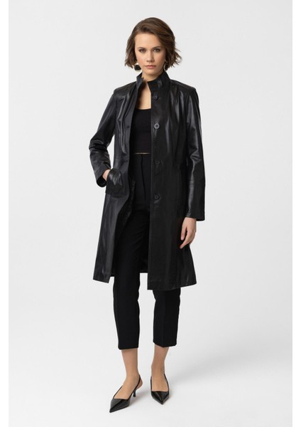 Siyah Laura Uzun Kadın Düğmeli Dar Fit kesim Astarlı Uzun Hakiki Deri Kaban modelleri