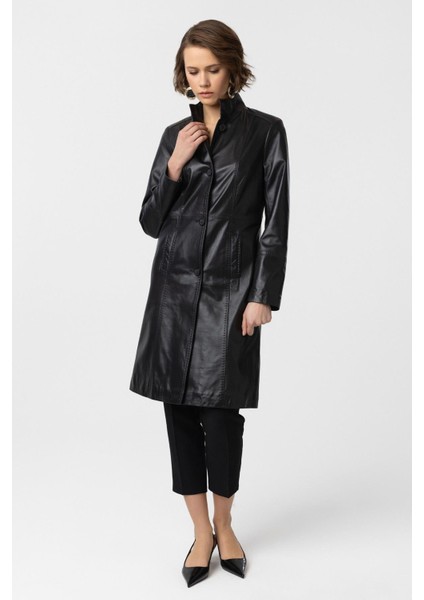 Siyah Laura Uzun Kadın Düğmeli Dar Fit kesim Astarlı Uzun Hakiki Deri Kaban fırsatları