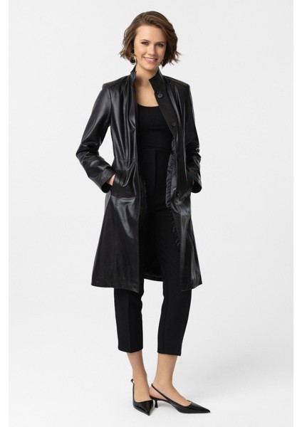 Siyah Laura Uzun Kadın Düğmeli Dar Fit kesim Astarlı Uzun Hakiki Deri Kaban indirimleri