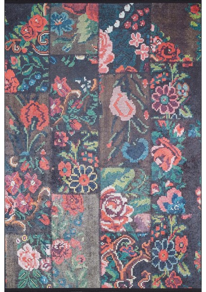 Biezun Siyah Patchwork Etnik Modern Desenli Makinada Yıkanabilir Hav Toz Vermez Leke Tutmayan Kaymaz Taban Dijital Makine Baskı Salon Yolluk Mutfak Halı