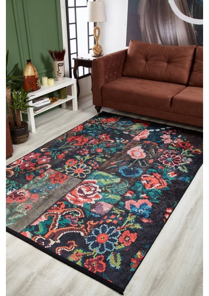 Biezun Siyah Patchwork Etnik Modern Desenli Makinada Yıkanabilir Hav Toz Vermez Leke Tutmayan Kaymaz Taban Dijital Makine Baskı Salon Yolluk Mutfak Halı fiyatları