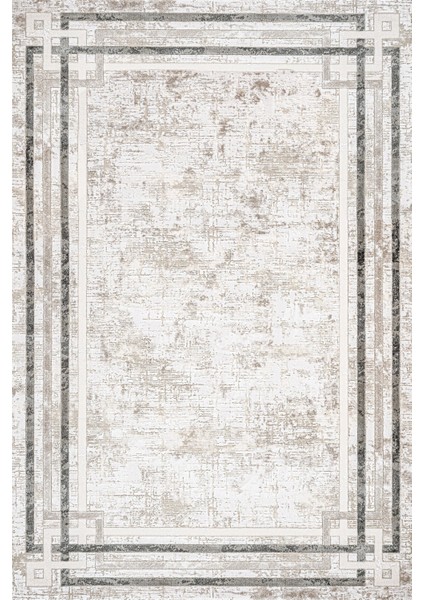 Gri Çerçeveli Etnik Modern Desenli Pamuk Makinada Yıkanabilir Hav Toz Vermez Leke Tutmayan Kaymaz Taban Dijital Makine Baskı Salon Yolluk Mutfak Halı