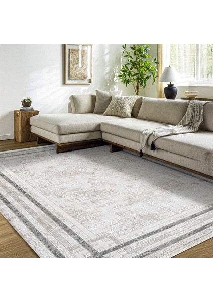 Gri Çerçeveli Etnik Modern Desenli Pamuk Makinada Yıkanabilir Hav Toz Vermez Leke Tutmayan Kaymaz Taban Dijital Makine Baskı Salon Yolluk Mutfak Halı fiyatları