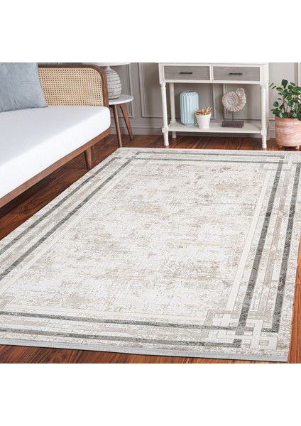 Gri Çerçeveli Etnik Modern Desenli Pamuk Makinada Yıkanabilir Hav Toz Vermez Leke Tutmayan Kaymaz Taban Dijital Makine Baskı Salon Yolluk Mutfak Halı modelleri