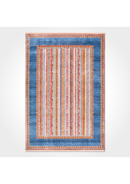 Saylor Mavi Çerçeveli Etnik Modern Desenli Pamuk Hav Vermeyen Leke Tutmayan Kolay Temizlenen Yumuşak Makine Salon Yolluk Mutfak Halı