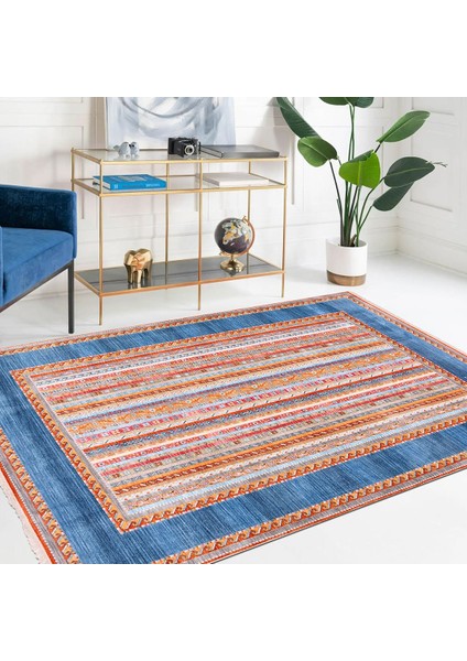 Saylor Mavi Çerçeveli Etnik Modern Desenli Pamuk Hav Vermeyen Leke Tutmayan Kolay Temizlenen Yumuşak Makine Salon Yolluk Mutfak Halı fiyatları