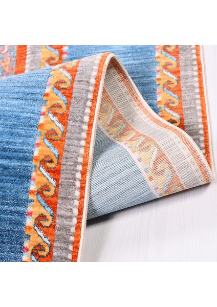 Saylor Mavi Çerçeveli Etnik Modern Desenli Pamuk Hav Vermeyen Leke Tutmayan Kolay Temizlenen Yumuşak Makine Salon Yolluk Mutfak Halı modelleri