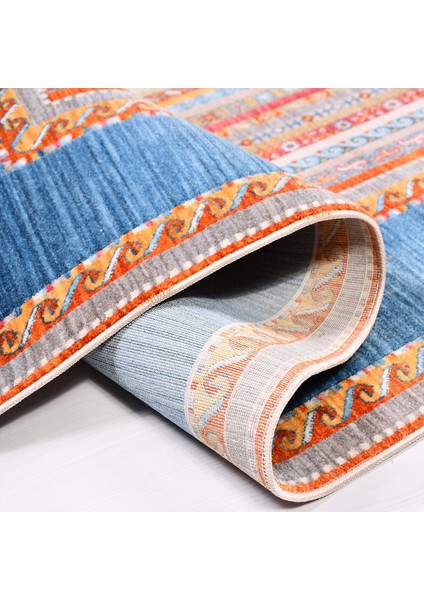 Saylor Mavi Çerçeveli Etnik Modern Desenli Pamuk Hav Vermeyen Leke Tutmayan Kolay Temizlenen Yumuşak Makine Salon Yolluk Mutfak Halı fırsatları