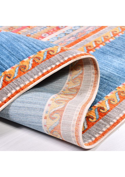 Saylor Mavi Çerçeveli Etnik Modern Desenli Pamuk Hav Vermeyen Leke Tutmayan Kolay Temizlenen Yumuşak Makine Salon Yolluk Mutfak Halı indirimleri