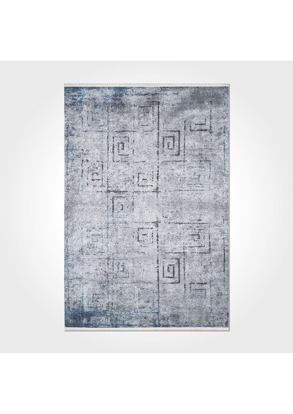 Esther Geometrik Mavi Polyester Dikdörtgen Modern Desenli Pamuk Makinada Yıkanabilir Hav Toz Vermez Leke Tutmayan Kaymaz Taban Dijital Makine Baskı Salon Yolluk Mutfak Halı